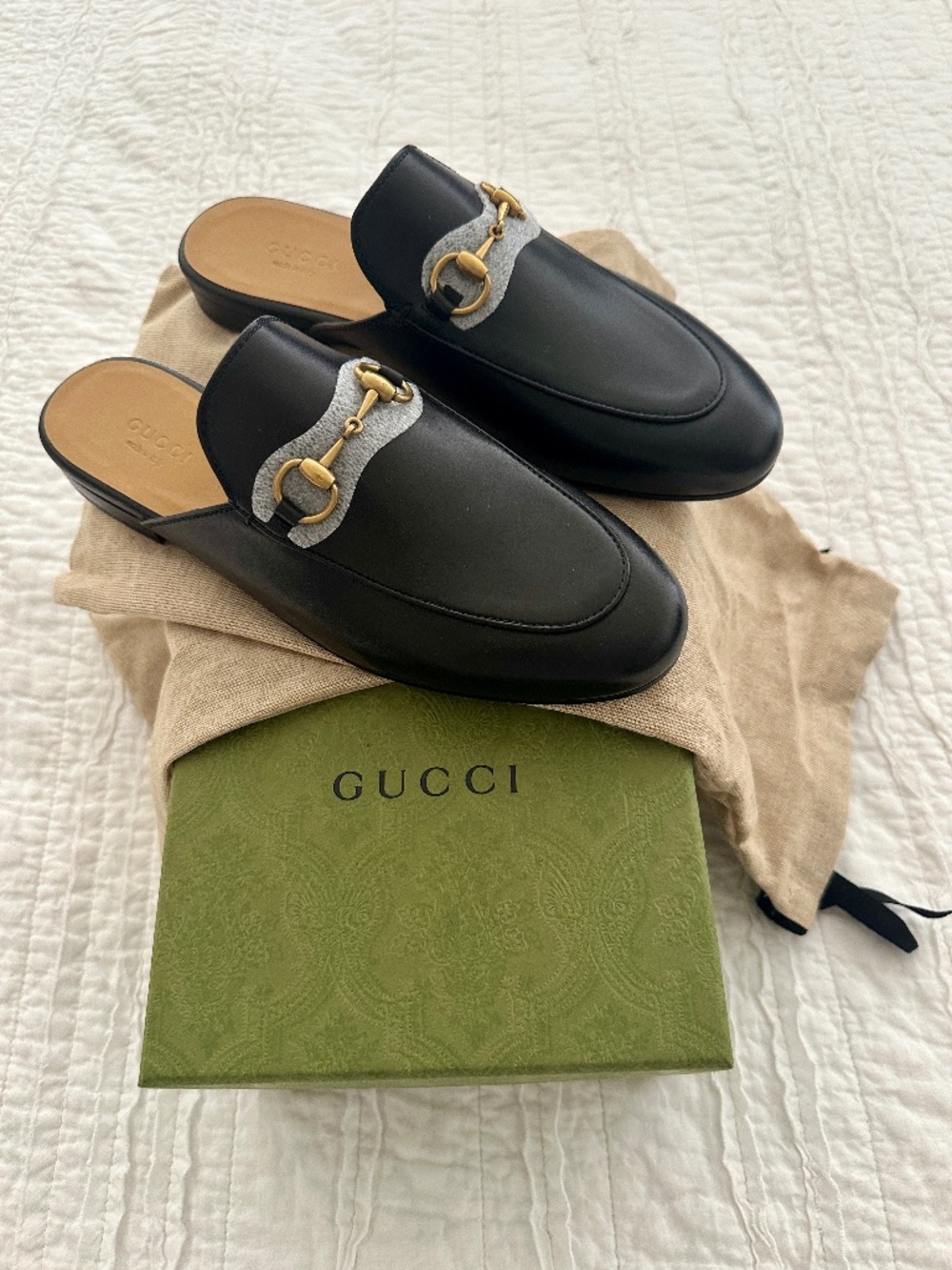 NIB Gucci Black Leather Slip-On Horsebit Mules with Gold Accents Size 37